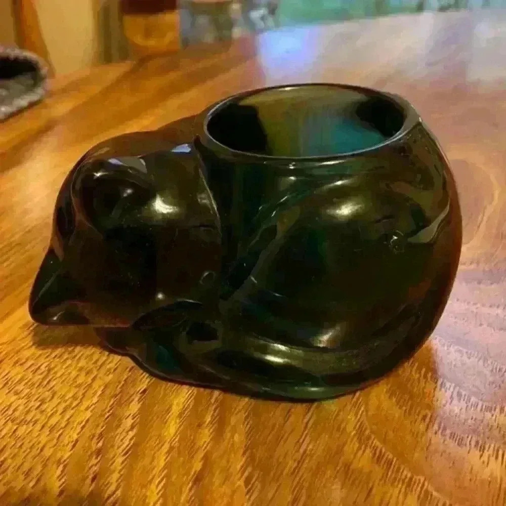 Indiana Glass Emerald Green Sleeping Cat Votive Holder